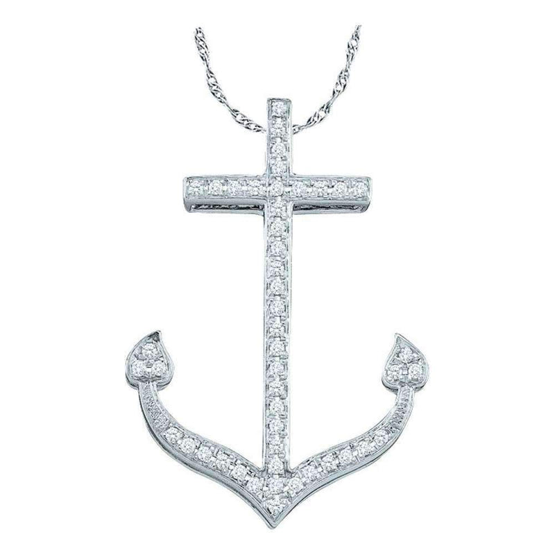 10kt White Gold Women's Round Diamond Anchor Nautical Ocean Pendant 1-6 Cttw - FREE Shipping (US/CAN)-Gold & Diamond Pendants & Necklaces-JadeMoghul Inc.
