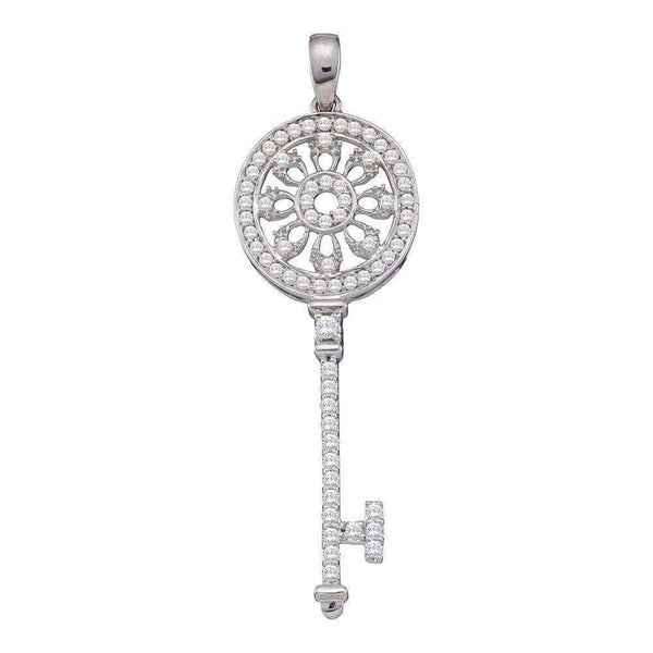 10kt White Gold Women's Round Diamond Circle Handle Antique-style Key Pendant 1-2 Cttw - FREE Shipping (US/CAN)-Gold & Diamond Pendants & Necklaces-JadeMoghul Inc.