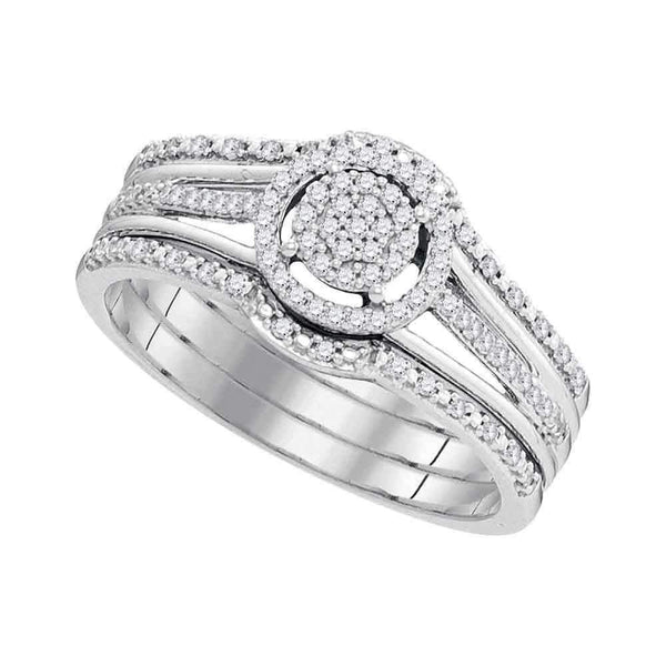 10kt White Gold Womens Round Diamond Cluster 3-Piece Bridal Wedding Engagement Ring Band Set 1/4 Cttw-Gold & Diamond Wedding Ring Sets-6.5-JadeMoghul Inc.