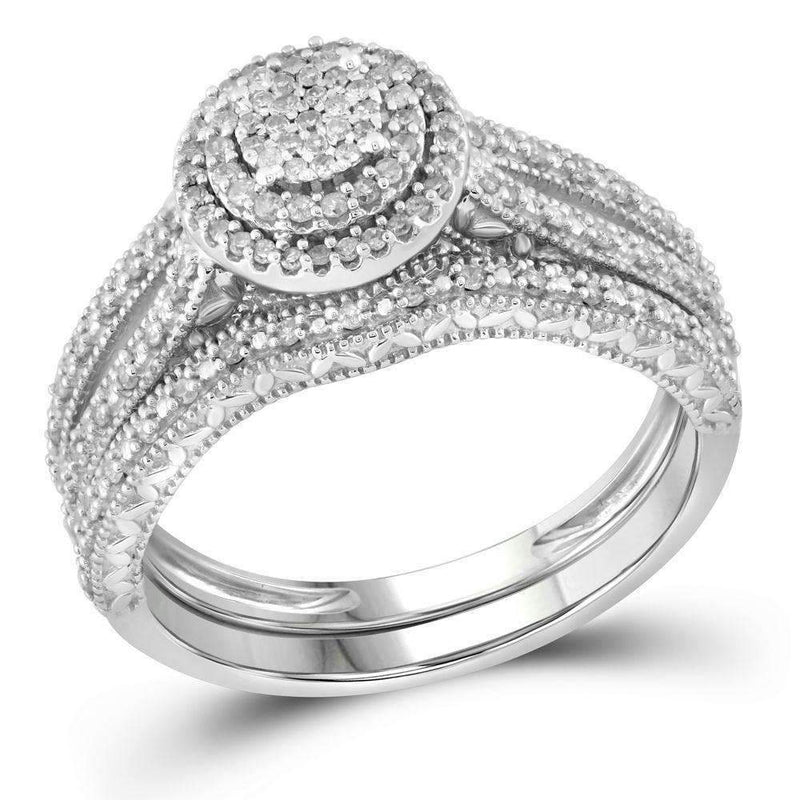 10kt White Gold Womens Round Diamond Cluster Bridal Wedding Engagement Ring Band Set 1-3 Cttw-Gold & Diamond Wedding Ring Sets-JadeMoghul Inc.