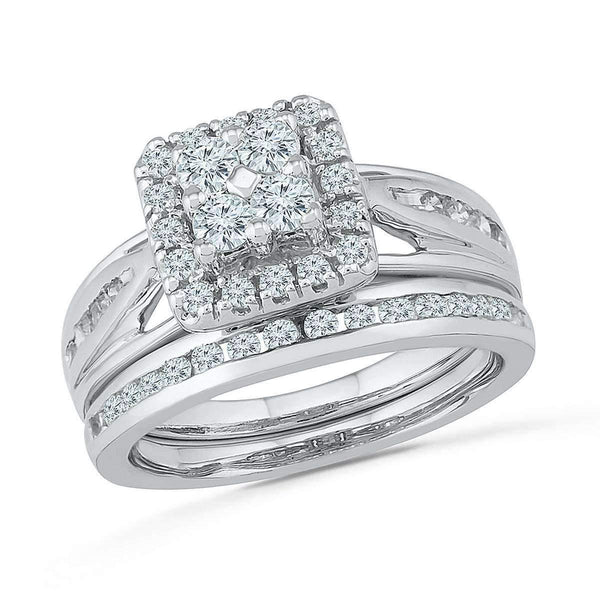 10kt White Gold Women's Round Diamond Cluster Bridal Wedding Engagement Ring Band Set 1.00 Cttw - FREE Shipping (US/CAN)-Wedding Jewelry-5-JadeMoghul Inc.