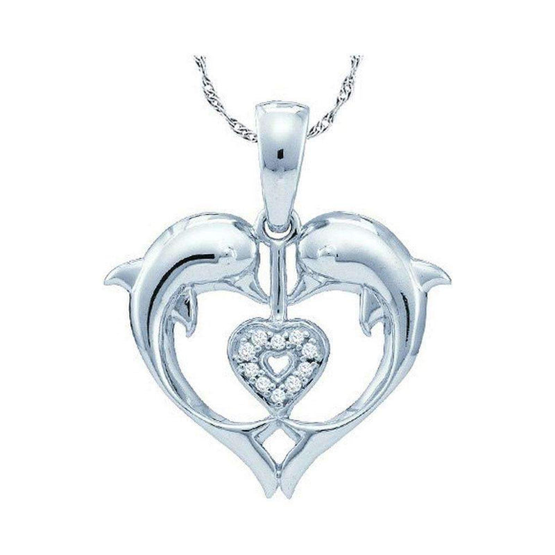 10kt White Gold Women's Round Diamond Double Dolphin Heart Love Pendant .03 Cttw - FREE Shipping (US/CAN)-Gold & Diamond Pendants & Necklaces-JadeMoghul Inc.