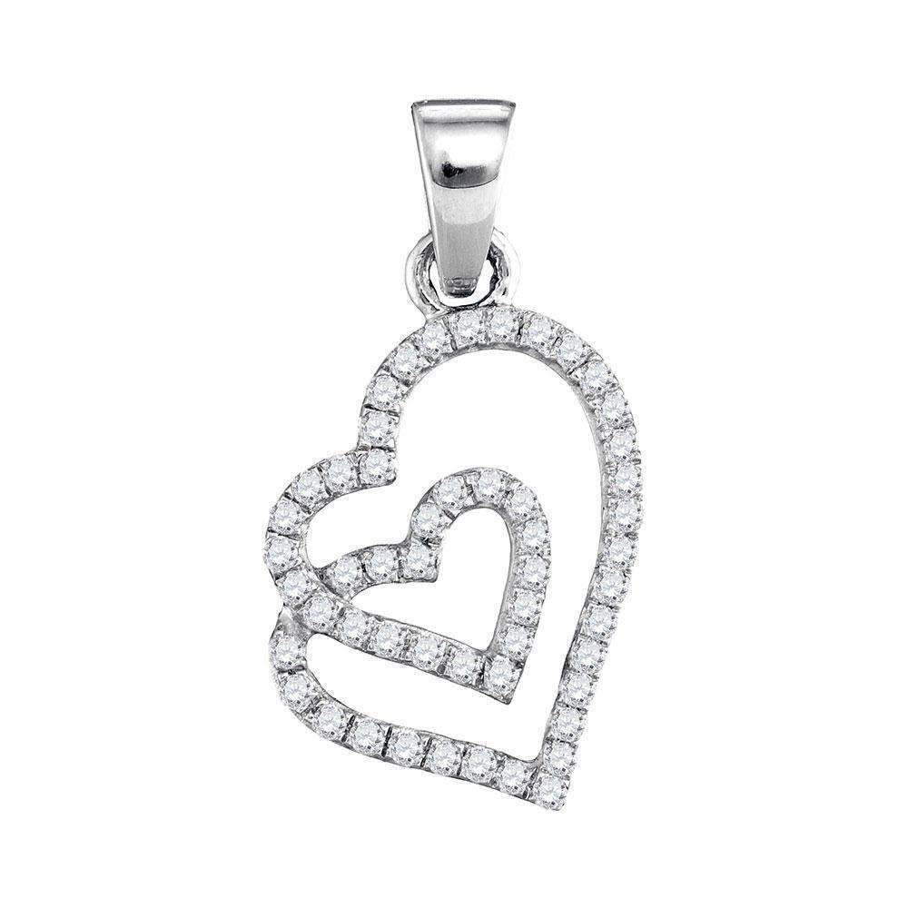 10kt White Gold Women's Round Diamond Double Heart Pendant 1-4 Cttw