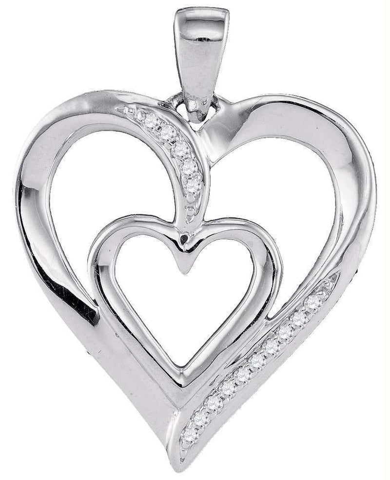 10kt White Gold Womens Round Diamond Double Nested Heart Pendant 1-20 Cttw-Gold & Diamond Pendants & Necklaces-JadeMoghul Inc.