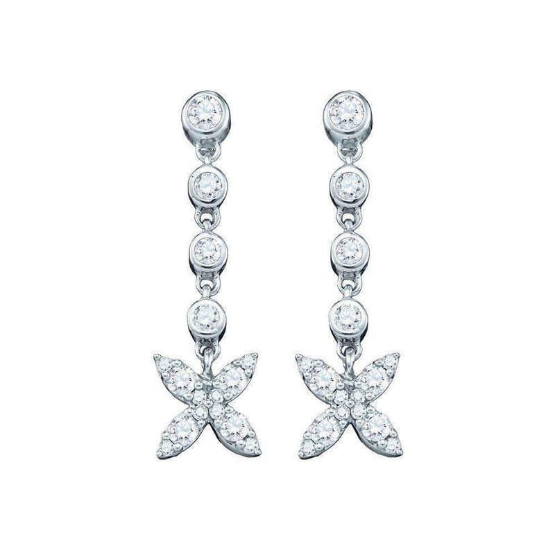 10kt White Gold Women's Round Diamond Flower Cluster Dangle Earrings 3-4 Cttw - FREE Shipping (USA/CAN)-Gold & Diamond Earrings-JadeMoghul Inc.