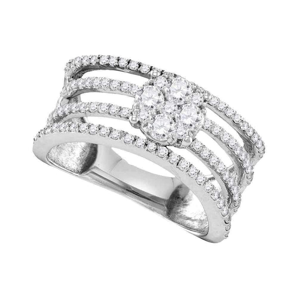 10kt White Gold Women's Round Diamond Four Row Flower Cluster Ring 1.00 Cttw - FREE Shipping (USA/CAN)-Gold & Diamond Cluster Rings-JadeMoghul Inc.