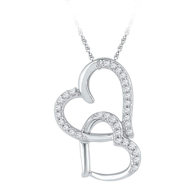 10kt White Gold Women's Round Diamond Linked Double Heart Pendant 1-10 Cttw - FREE Shipping (US/CAN)-Gold & Diamond Pendants & Necklaces-JadeMoghul Inc.