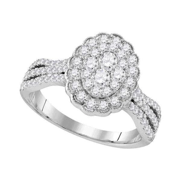 10kt White Gold Women's Round Diamond Oval Flower Cluster Ring 1.00 Cttw - FREE Shipping (USA/CAN)-Gold & Diamond Cluster Rings-JadeMoghul Inc.