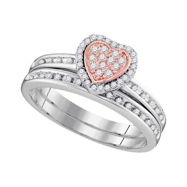 10kt White Gold Women's Round Diamond Rose-tone Heart Bridal Wedding Engagement Ring Band Set 1/4 Cttw - FREE Shipping (US/CAN)-Gold & Diamond Wedding Ring Sets-5-JadeMoghul Inc.