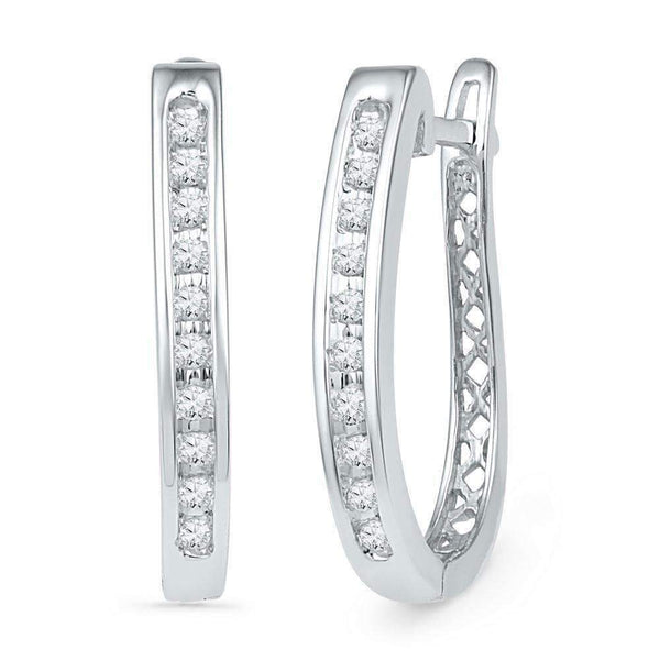 10kt White Gold Women's Round Diamond Slender Single Row Oblong Hoop Earrings 1-5 Cttw - FREE Shipping (USA/CAN)-Gold & Diamond Earrings-JadeMoghul Inc.