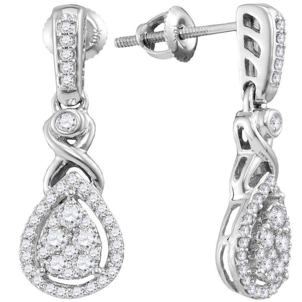 10kt White Gold Womens Round Diamond Teardrop Cluster Dangle Earrings 1-2 Cttw - FREE Shipping (US/CAN)-Gold & Diamond Earrings-JadeMoghul Inc.