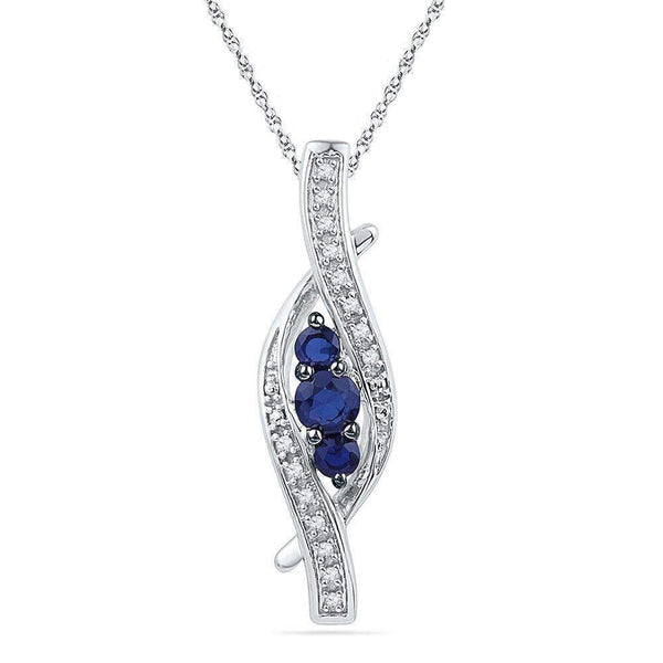 10kt White Gold Women's Round Lab-Created Blue Sapphire 3-stone Diamond-accent Pendant 1-20 Cttw - FREE Shipping (US/CAN)-Gold & Diamond Pendants & Necklaces-JadeMoghul Inc.