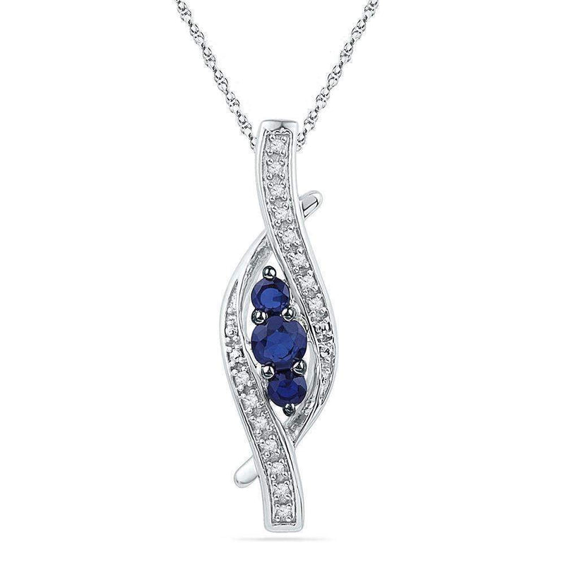 10kt White Gold Women's Round Lab-Created Blue Sapphire 3-stone Diamond-accent Pendant 1-20 Cttw - FREE Shipping (US/CAN)-Gold & Diamond Pendants & Necklaces-JadeMoghul Inc.