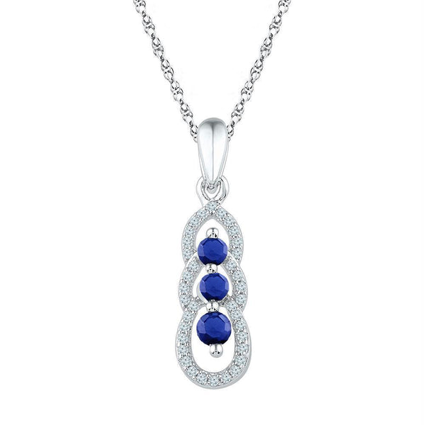 10kt White Gold Womens Round Lab-Created Blue Sapphire 3-stone Pendant 1-2 Cttw-Gold & Diamond Pendants & Necklaces-JadeMoghul Inc.