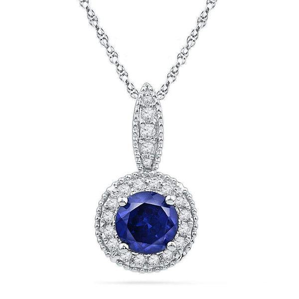 10kt White Gold Women's Round Lab-Created Blue Sapphire Solitaire Diamond Frame Pendant 1-6 Cttw - FREE Shipping (US/CAN)-Gold & Diamond Pendants & Necklaces-JadeMoghul Inc.