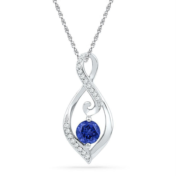 10kt White Gold Womens Round Lab-Created Blue Sapphire Solitaire Diamond Pendant 1-10 Cttw-Gold & Diamond Pendants & Necklaces-JadeMoghul Inc.