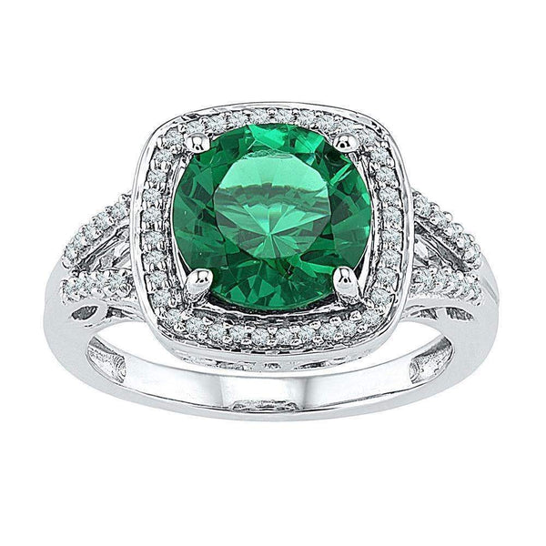 10kt White Gold Women's Round Lab-Created Emerald Solitaire Square Diamond Frame Ring 4-1/6 Cttw - FREE Shipping (US/CAN)-Rings And Bands-5.5-JadeMoghul Inc.