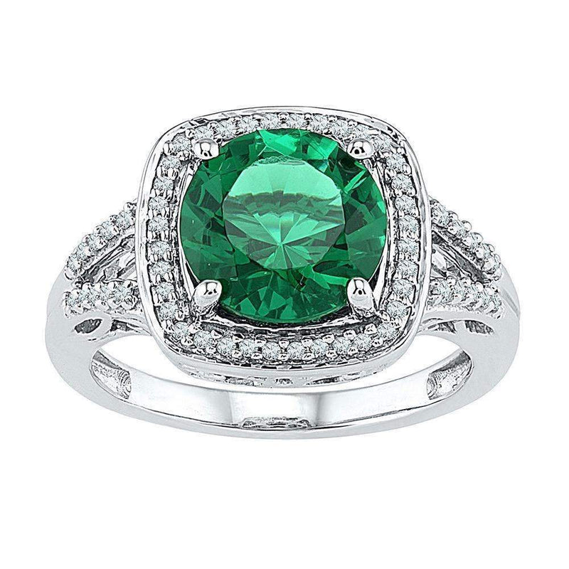 10kt White Gold Women's Round Lab-Created Emerald Solitaire Square Diamond Frame Ring 4-1/6 Cttw - FREE Shipping (US/CAN)-Rings And Bands-5.5-JadeMoghul Inc.