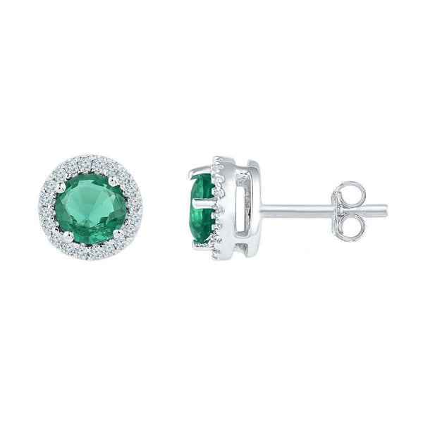 10kt White Gold Womens Round Lab-Created Emerald Solitaire Stud Earrings 1-1-6 Cttw-Gold & Diamond Earrings-JadeMoghul Inc.