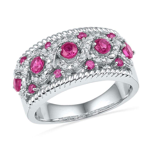 10kt White Gold Women's Round Lab-Created Pink Sapphire Diamond Roped Band 1-1-10 Cttw - FREE Shipping (US/CAN)-Gold & Diamond Bands-JadeMoghul Inc.