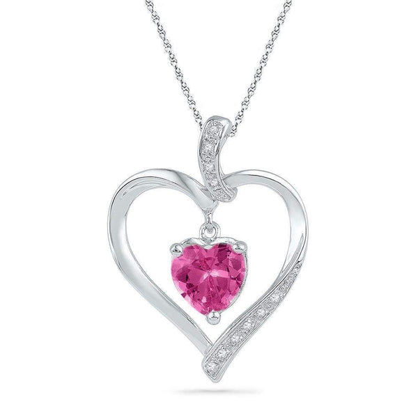 10kt White Gold Women's Round Lab-Created Pink Sapphire Heart Love Pendant 1-3-4 Cttw - FREE Shipping (US/CAN)-Gold & Diamond Pendants & Necklaces-JadeMoghul Inc.