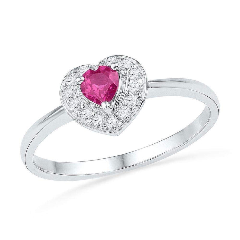 10kt White Gold Women's Round Lab-Created Pink Sapphire Heart Love Ring 1/10 Cttw - FREE Shipping (US/CAN)-Gold & Diamond Fashion Rings-5.5-JadeMoghul Inc.