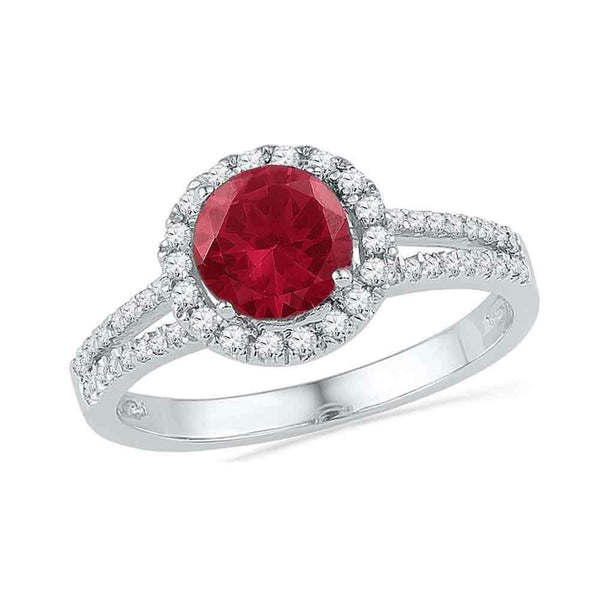 10kt White Gold Women's Round Lab-Created Ruby Solitaire Diamond Halo Ring 1-5/8 Cttw - FREE Shipping (US/CAN)-Rings And Bands-5-JadeMoghul Inc.