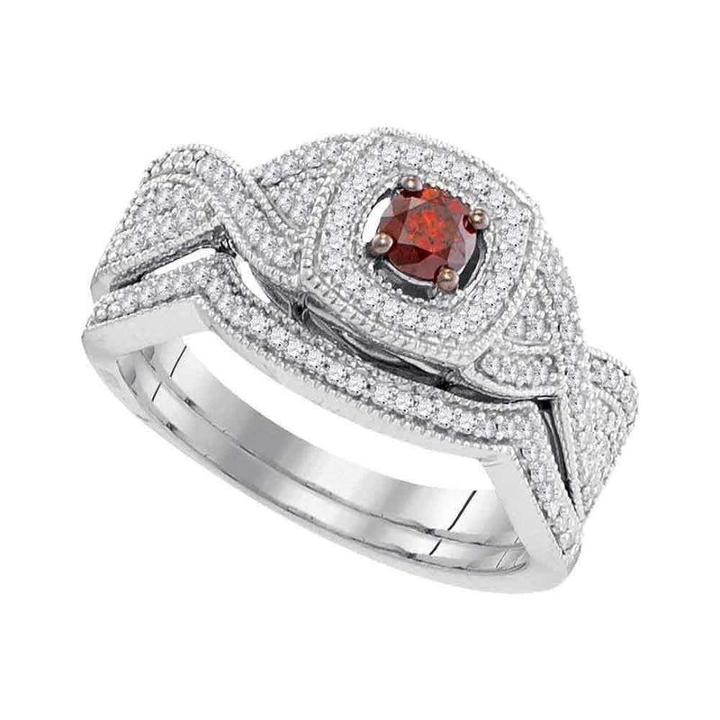 10kt White Gold Women's Round Red Color Enhanced Diamond Twist Bridal Wedding Engagement Ring Band Set 1/2 Cttw - FREE Shipping (US/CAN)-Gold & Diamond Wedding Ring Sets-5-JadeMoghul Inc.