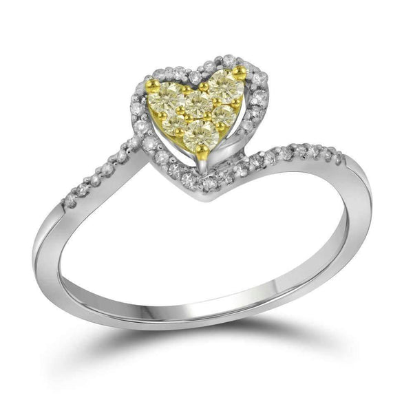 10kt White Gold Women's Round Yellow Color Enhanced Diamond Heart Ring 1/4 Cttw - FREE Shipping (US/CAN)-Rings And Bands-6.5-JadeMoghul Inc.