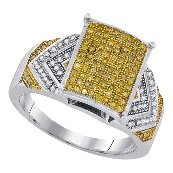 10kt White Gold Women's Round Yellow Color Enhanced Diamond Rectangle Cluster Bridal Wedding Engagement Ring 3-8 Cttw - FREE Shipping (USA/CAN)-Gold & Diamond Engagement & Anniversary Rings-JadeMoghul Inc.