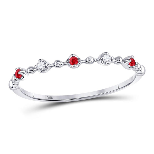 10kt White Gold Women's Ruby Diamond Beaded Stackable Band Ring 1/20 Cttw-Gold & Diamond Rings-JadeMoghul Inc.