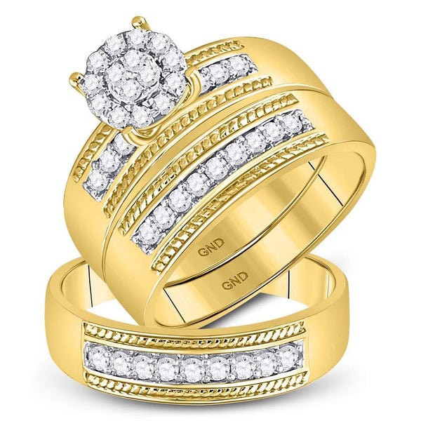 10kt Yellow Gold His & Hers Diamond Cluster Matching Bridal Wedding Ring Band Set 3/4 Cttw-Gold & Diamond Wedding Jewelry-JadeMoghul Inc.