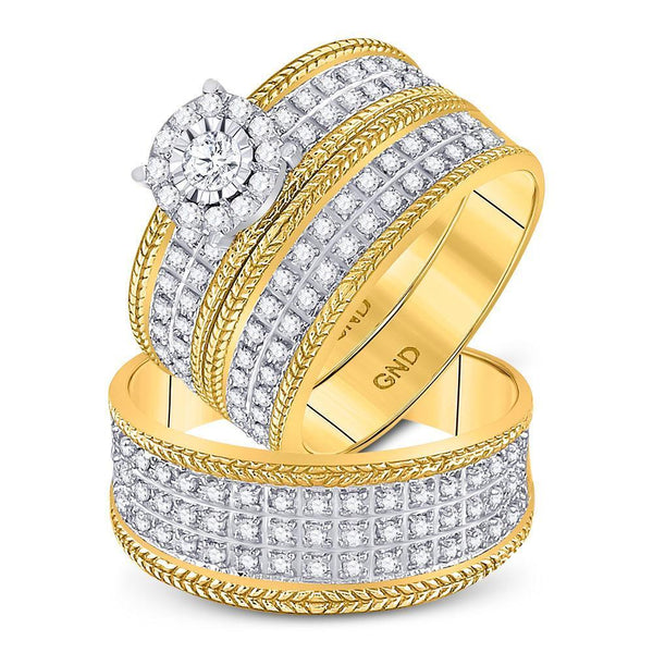 10kt Yellow Gold His & Hers Diamond Solitaire Wheat Matching Bridal Wedding Ring Set 7/8 Cttw-Gold & Diamond Wedding Jewelry-JadeMoghul Inc.