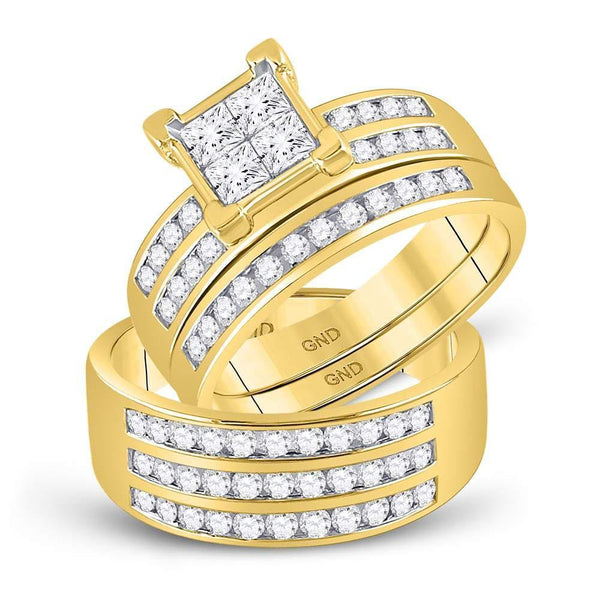 10kt Yellow Gold His & Hers Princess Diamond Cluster Matching Bridal Wedding Ring Band Set 1-5/8 Cttw-Gold & Diamond Wedding Jewelry-JadeMoghul Inc.