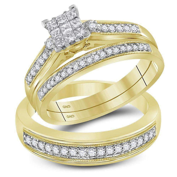 10kt Yellow Gold His & Hers Princess Diamond Cluster Matching Bridal Wedding Ring Band Set 1/2 Cttw - FREE Shipping (US/CAN)-Wedding Jewelry-6-JadeMoghul Inc.