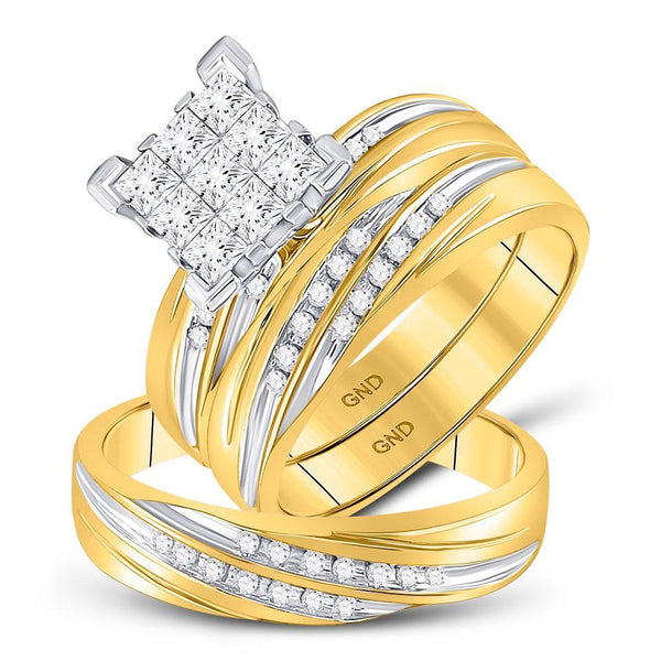 10kt Yellow Gold His & Hers Princess Diamond Cluster Matching Bridal Wedding Ring Band Set 3/4 Cttw-Gold & Diamond Wedding Jewelry-JadeMoghul Inc.