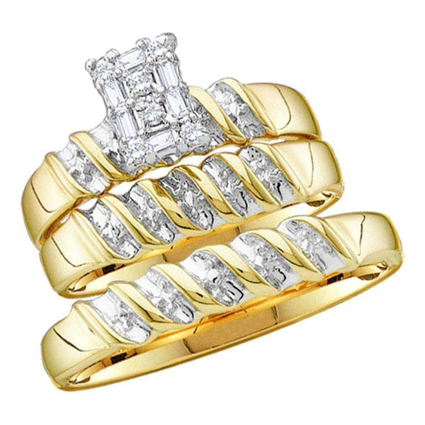 10kt Yellow Gold His & Hers Round Diamond Cluster Matching Bridal Wedding Ring Band Set 1/10 Cttw - FREE Shipping (US/CAN)-Gold & Diamond Trio Sets-5-JadeMoghul Inc.