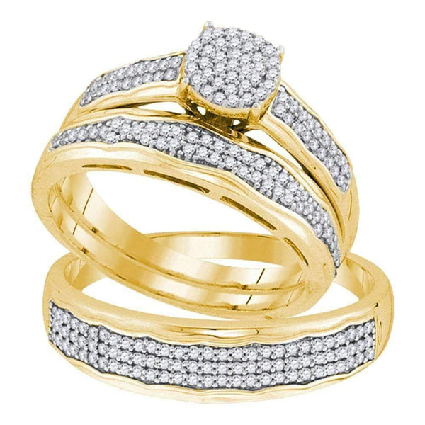 10kt Yellow Gold His & Hers Round Diamond Cluster Matching Bridal Wedding Ring Band Set 1/2 Cttw - FREE Shipping (US/CAN)-Gold & Diamond Trio Sets-10-JadeMoghul Inc.