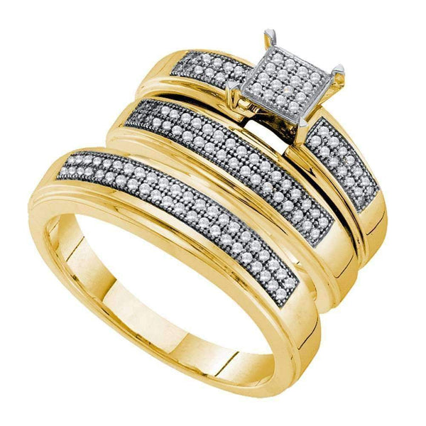 10kt Yellow Gold His & Hers Round Diamond Cluster Matching Bridal Wedding Ring Band Set 1/3 Cttw - FREE Shipping (US/CAN)-Gold & Diamond Trio Sets-5-JadeMoghul Inc.