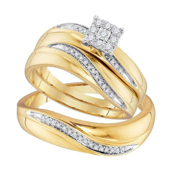 10kt Yellow Gold His & Hers Round Diamond Cluster Matching Bridal Wedding Ring Band Set 1/5 Cttw - FREE Shipping (US/CAN)-Gold & Diamond Trio Sets-8-JadeMoghul Inc.