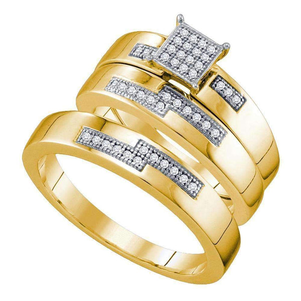 10kt Yellow Gold His & Hers Round Diamond Cluster Matching Bridal Wedding Ring Band Set 1/6 Cttw - FREE Shipping (US/CAN)-Gold & Diamond Trio Sets-8-JadeMoghul Inc.