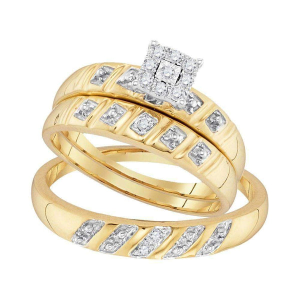 10kt Yellow Gold His & Hers Round Diamond Cluster Matching Bridal Wedding Ring Band Set 1/8 Cttw - FREE Shipping (US/CAN)-Gold & Diamond Trio Sets-5-JadeMoghul Inc.