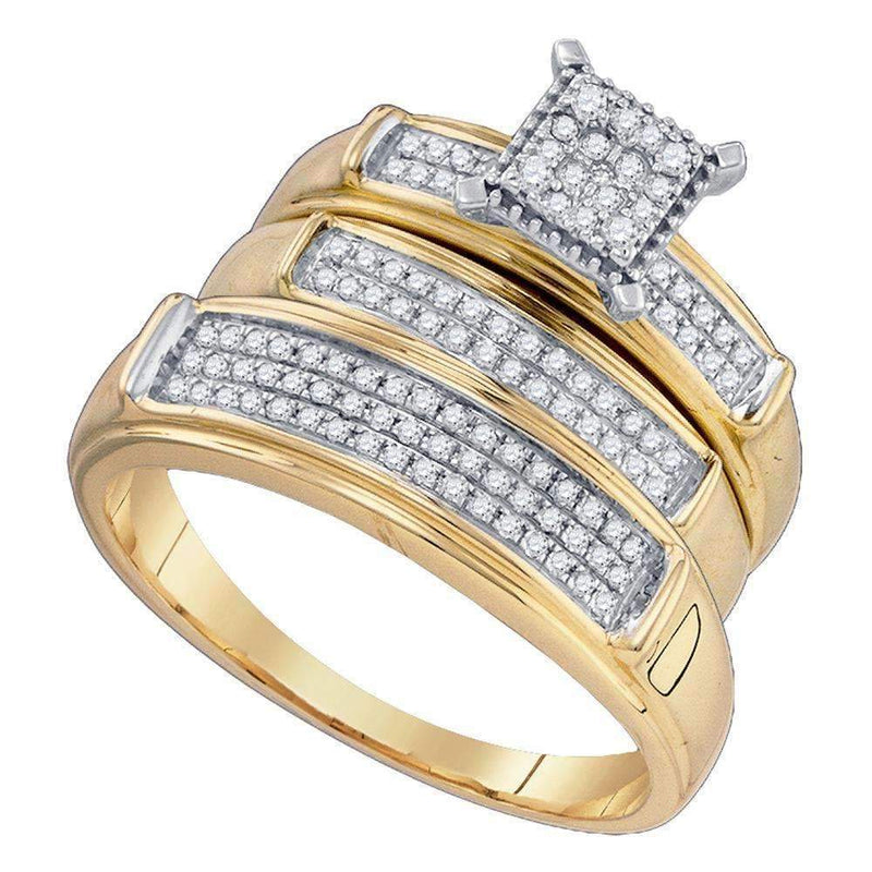 10kt Yellow Gold His & Hers Round Diamond Cluster Matching Bridal Wedding Ring Band Set 3/8 Cttw - FREE Shipping (US/CAN)-Gold & Diamond Trio Sets-5-JadeMoghul Inc.