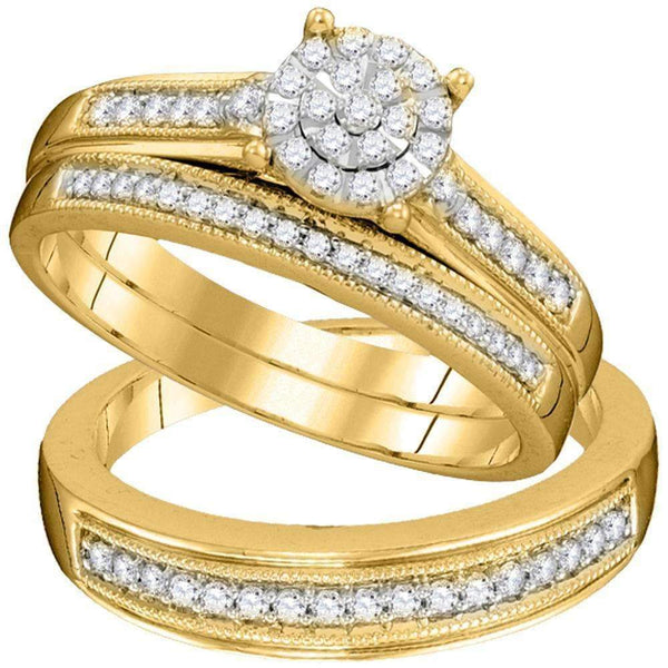 10kt Yellow Gold His & Hers Round Diamond Cluster Matching Bridal Wedding Ring Band Set 3/8 Cttw - FREE Shipping (US/CAN)-Gold & Diamond Trio Sets-5.5-JadeMoghul Inc.