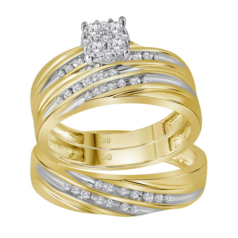 10kt Yellow Gold His & Hers Round Diamond Cluster Matching Bridal Wedding Ring Band Set 3/8 Cttw-Gold & Diamond Trio Sets-7-JadeMoghul Inc.