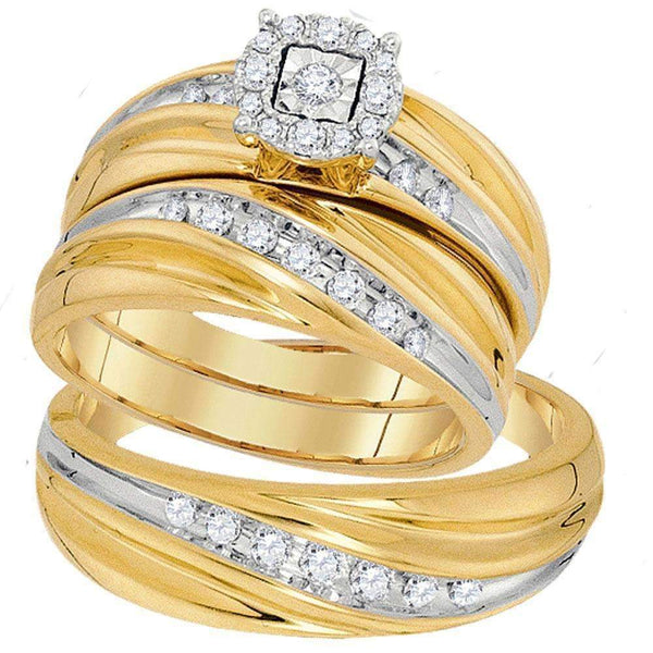 10kt Yellow Gold His & Hers Round Diamond Solitaire Matching Bridal Wedding Ring Band Set 3/8 Cttw - FREE Shipping (US/CAN)-Gold & Diamond Trio Sets-5-JadeMoghul Inc.