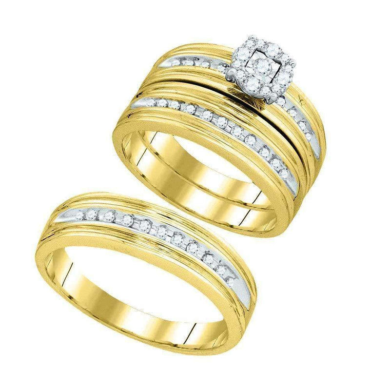 10kt Yellow Gold His & Hers Round Diamond Solitaire Matching Bridal Wedding Ring Band Set 3/8 Cttw-Gold & Diamond Trio Sets-5-JadeMoghul Inc.