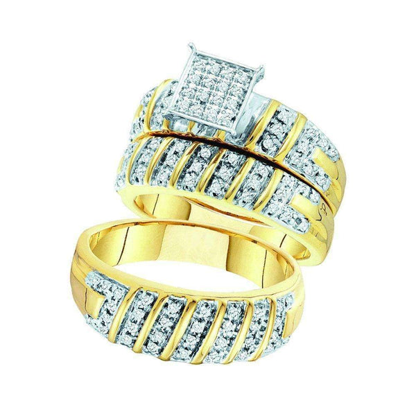 10kt Yellow Gold His & Hers Round Diamond Square Cluster Matching Bridal Wedding Ring Band Set 1/2 Cttw - FREE Shipping (US/CAN)-Gold & Diamond Trio Sets-5.5-JadeMoghul Inc.