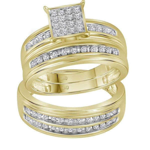 10kt Yellow Gold His & Hers Round Diamond Square Cluster Matching Bridal Wedding Ring Band Set 1/2 Cttw - FREE Shipping (US/CAN)-Gold & Diamond Trio Sets-5-JadeMoghul Inc.