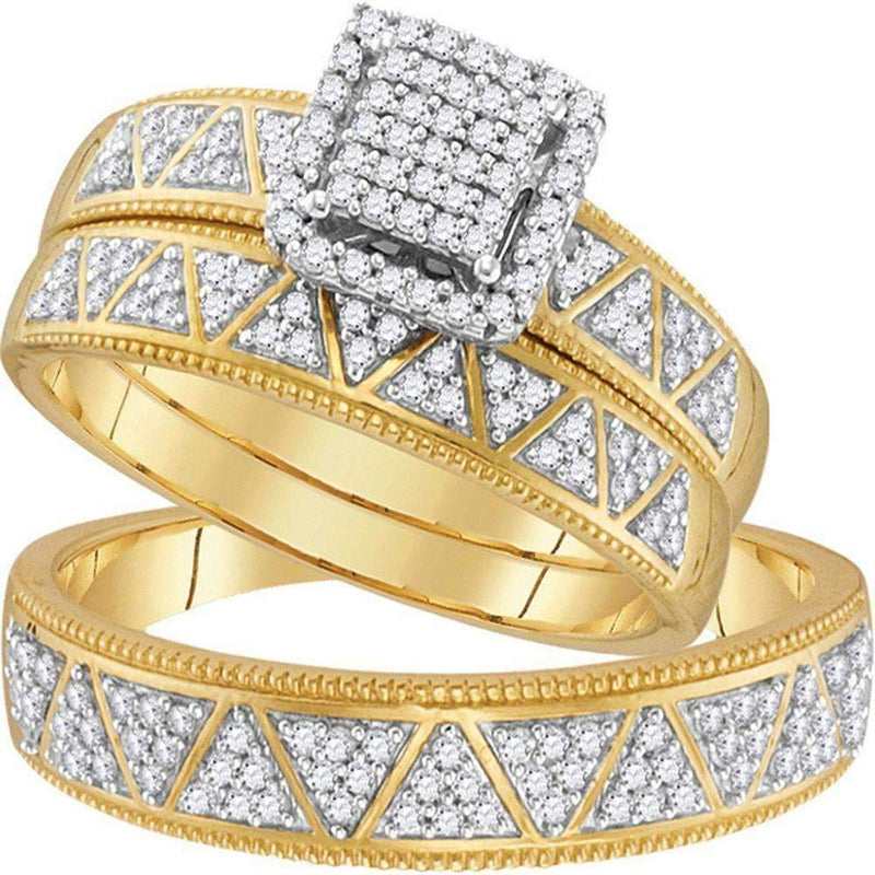 10kt Yellow Gold His & Hers Round Diamond Square Cluster Matching Bridal Wedding Ring Band Set 1/2 Cttw - FREE Shipping (US/CAN)-Wedding Jewelry-5-JadeMoghul Inc.